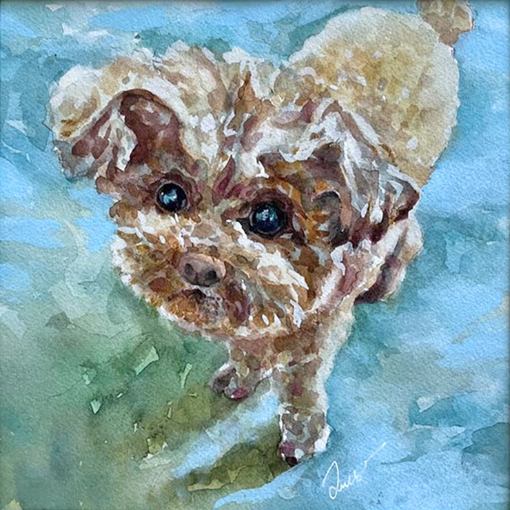 Watercolor portrait of a dog named Louie