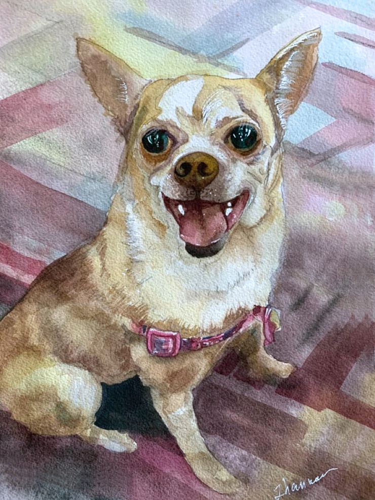 Watercolor portrait of a dog from a shopping cart photo