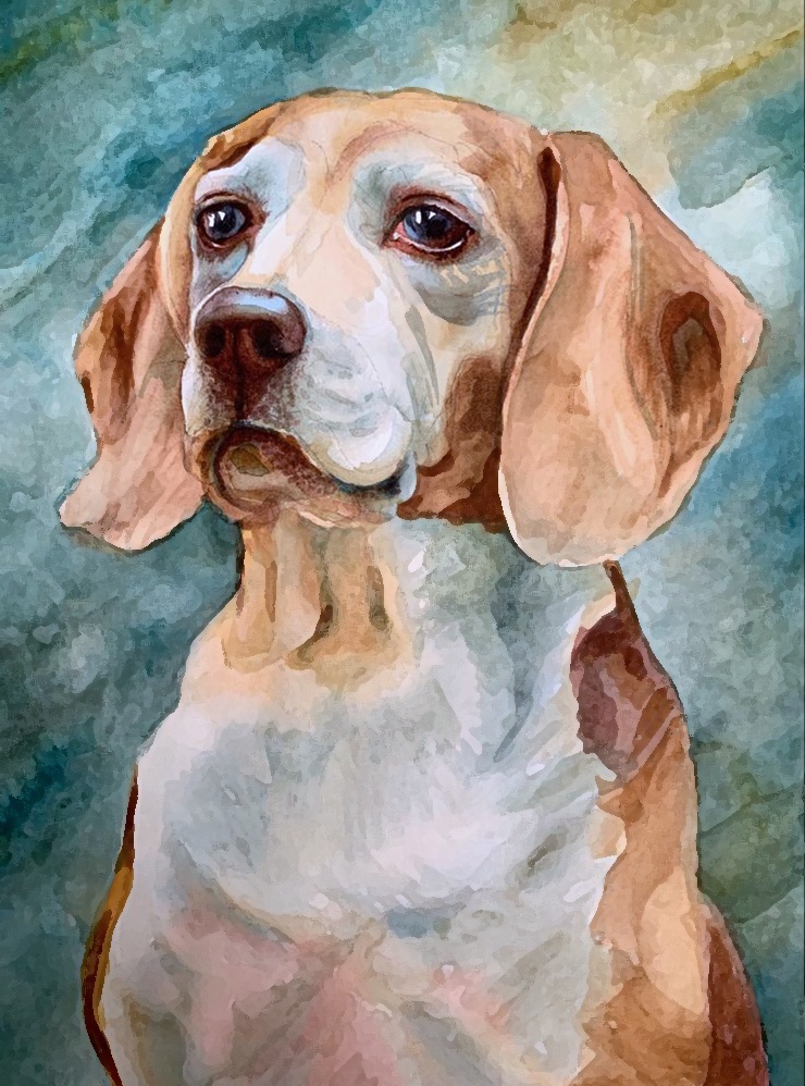 Mixed media portrait of a serious-looking dog