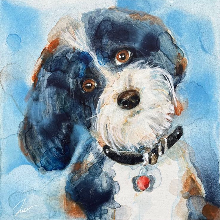 Watercolor portrait of a dog on Ampersand board