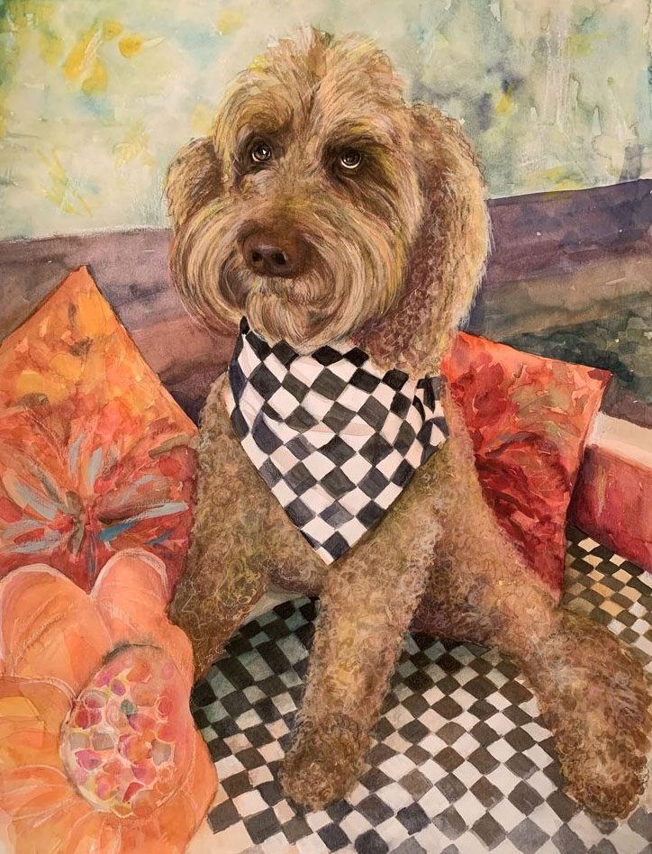Mixed media painting on watercolor paper of a pet portrait