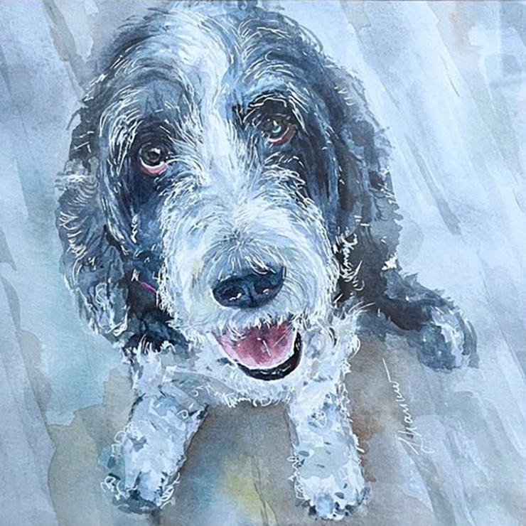 Watercolor and pen portrait of a dog