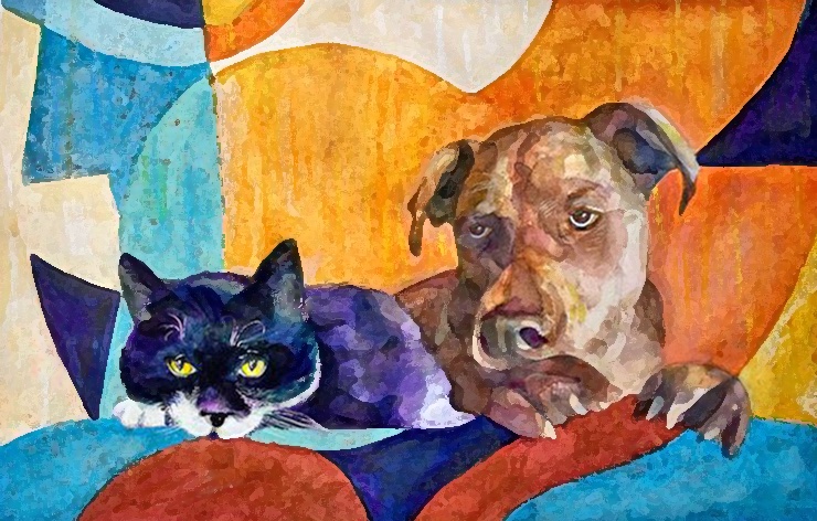 Watercolor portrait of a dog and cat together