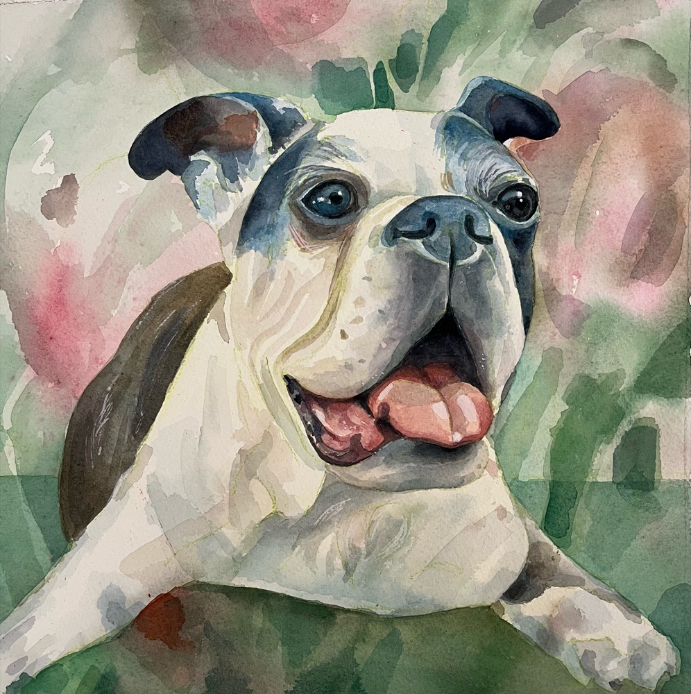 Watercolor portrait of a bulldog with a big open-mouthed grin
