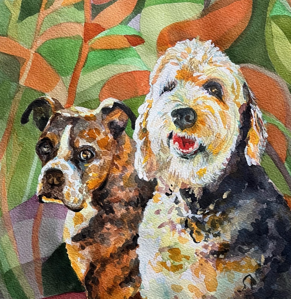 Watercolor portrait of two dogs side by side