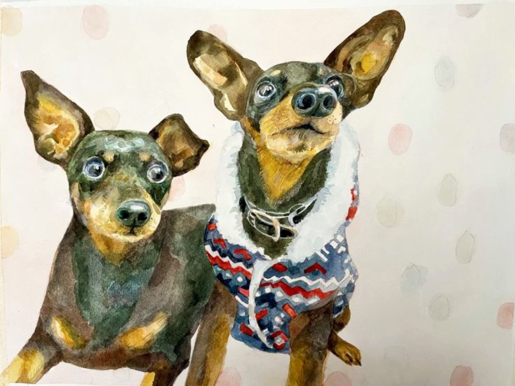 Watercolor portrait of two sister dogs