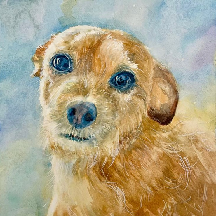 Watercolor portrait on mounted board of a dog